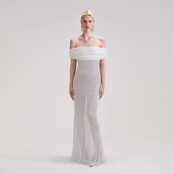 SELF-PORTRAIT Beaded Maxi Dress in White New Wedding Formal Gown Womens - Picture 12 of 16